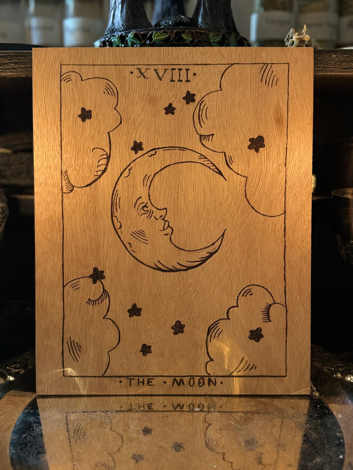 The Moon - Wood Burned Tarot Card