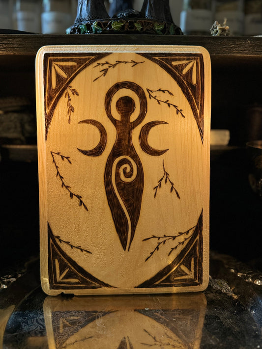 Spiral Goddess Wood-Burned Plaque